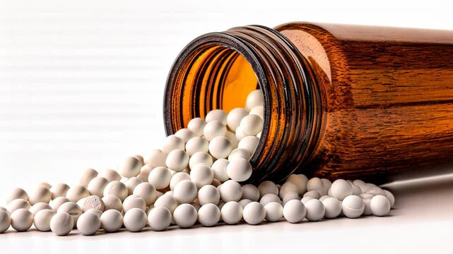 Spilled white homeopathy pills around a bottle, scattered on a white surface with an amber container in the background.