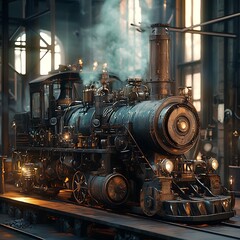 Obraz premium A magnificent steam locomotive, detailed in a steampunk aesthetic, rests in a vintage train depot.