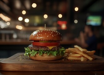 juicy beef burger with lettuce, tomato, and cheese on a wooden board, next to a serving of French fries, against the background of an American diner at night. Close-up shot. 