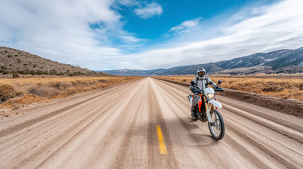 A dirt biker rides down a dusty desert road on a sunny day. Snowy mountains are in the distance with a blue sky and clouds above.