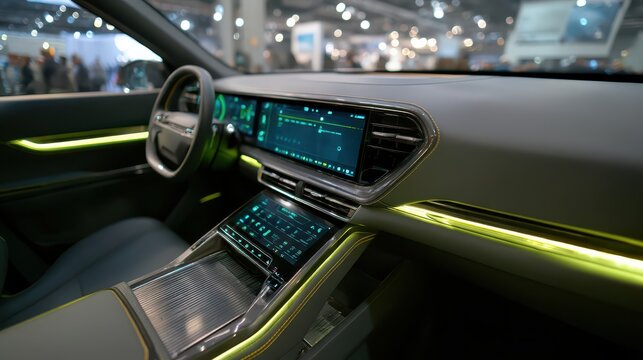 Sleek dashboard of an electric vehicle features a large digital display, touch controls, and ambient lighting, highlighting advanced technology and design aesthetics at an auto exhibition