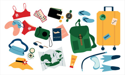 Summer vacation plane and other journey or trip elements for flight and travel to sea. Vector illustration. 