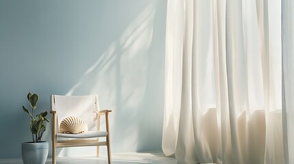 A serene interior scene showcasing a wooden chair alongside a potted plant and a decorative shell, with soft natural light filtering through sheer curtains onto a light blue wall