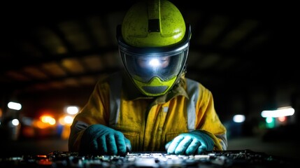 A technician in protective gear carefully disassembles electronic waste under low lighting in a recycling center. The environment is focused and industrial, emphasizing safety and precision