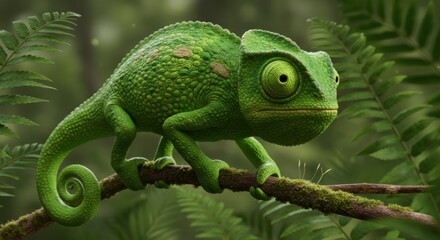 A Vibrant Green Chameleon Perched on a Mossy Branch in a Lush Tropical Rainforest Setting