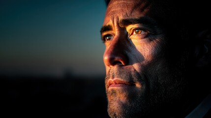 A professional man gazes thoughtfully towards a glowing city skyline, illuminated by the soft hues of sunset. The scene conveys calmness and determination in an urban setting