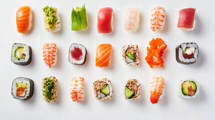 A plate of assorted sushi rolls, featuring different toppings and ingredients, beautifully arranged on a white plate.