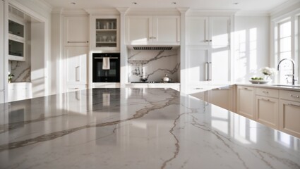 Fototapeta premium An elegant kitchen featuring stunning marble countertops and light.