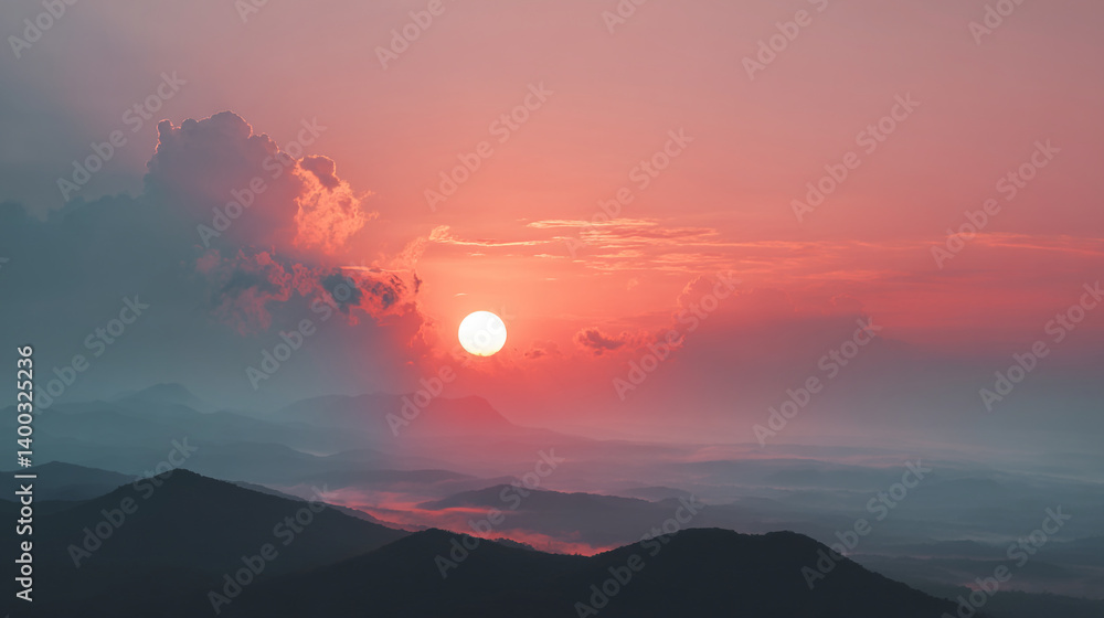 Poster a scenic view of mountains with the sun setting behind clouds creating a pink and orange sky