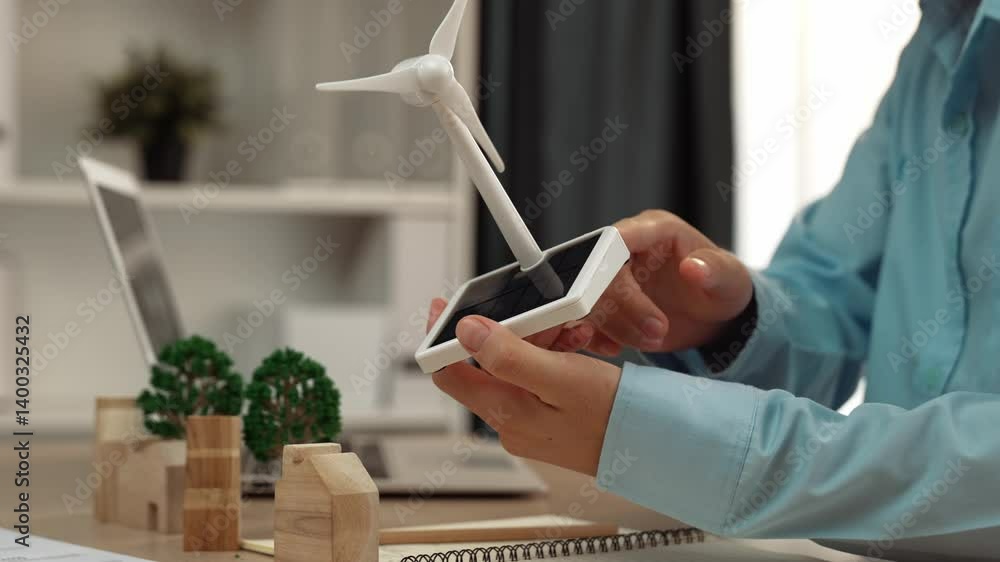 Poster windmill model represented using clean energy and wooden block symbolized ecology house. green power