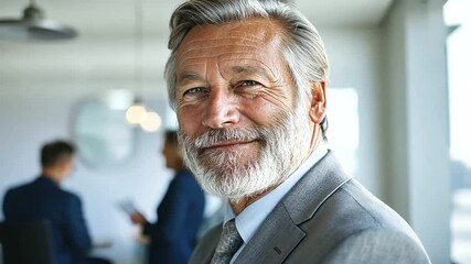 Confident senior bank executive exuding reliability and achievement in a professional office setting.