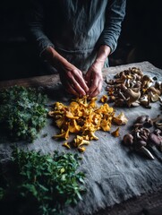 Hands carefully sort vibrant yellow chanterelles and various mushrooms alongside fresh herbs on a rustic table in a softly lit urban kitchen setting