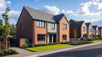 Row of modern brick houses with well-maintained landscaping.