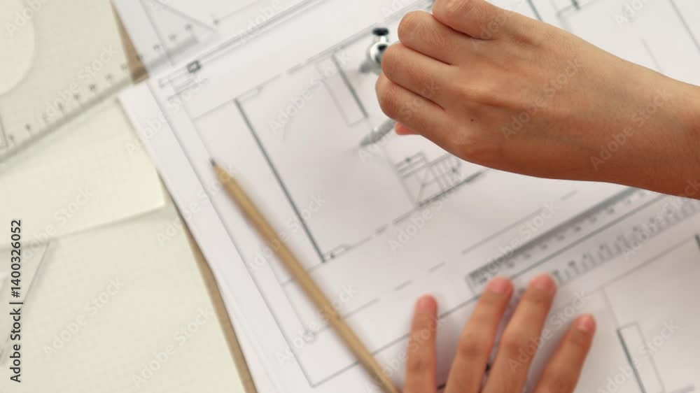 Poster video of clever architect or smart engineer using measurement tool and divider hand writing detail o