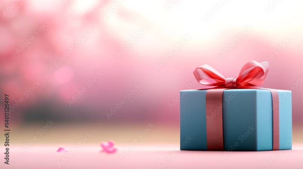 Aufkleber square gift box wrapped in matte paper features a glossy red ribbon bow, elegantly displayed on a so