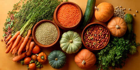 Overhead shot of various legumes, vegetables, and herbs in bowls, showcasing autumnal harvest abundance and healthy eating concept