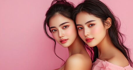 National Twinning Day - Banner with two beautiful Asian women on a pink background, with text and date for national awareness of the concept that everyone can have the same appearance in their lives. 
