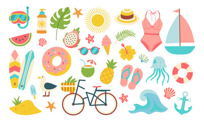 A collection of beach and summer themed items including a surfboard, a bicycle, a donut, a pineapple, a boat, a pair of flip flops, a pair of sunglasses, a bottle, a cup, a hat, and a jelly