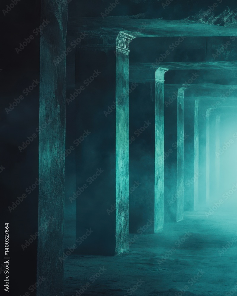 Poster eerie turquoise columns in dimly lit ancient hallway with mystical fog and atmospheric perspective c