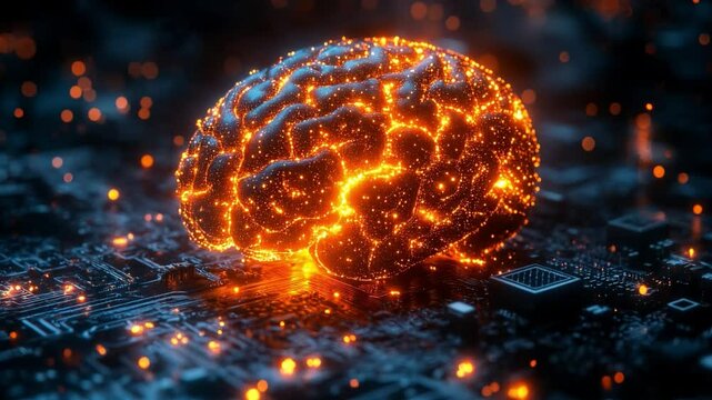 Glowing Brain Made Of Neural Lights On Futuristic Circuit Board