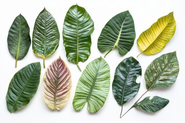 Fototapeta premium Assorted tropical foliage leaves arrangement on white background showcasing vibrant colors and textures in a flat lay botanical studio shot