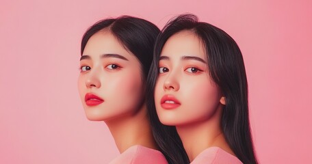 National Twinning Day - Banner with two beautiful Asian women on a pink background, with text and date for national awareness of the concept that everyone can have the same appearance in their lives. 