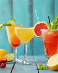 Fototapeta premium Refreshing cocktails on a rustic wooden table, vibrant colors, tropical mood, summer drinks, citrus fruits, and mint garnish, perfect for a party