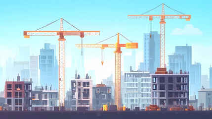 Fototapeta premium City building construction sites development and tower cranes. 