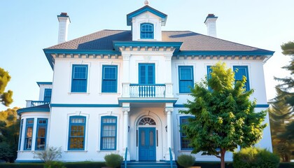 Large white house, blue trim, green tree, many windows, balcony, peaceful, vibrant