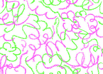 Seamless pattern with doodle chalk lines. Modern acid pink green stroke squiggles drawn by wax pencil on white blackboard. Vector funny colorful wallpaper handdrawn on chalkboard by pastel or charcoal