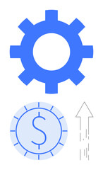 Blue gear, coin with dollar sign, upward arrow symbolizing business development, economic growth, progress. Ideal for business, finance, investment, productivity success opportunity innovation