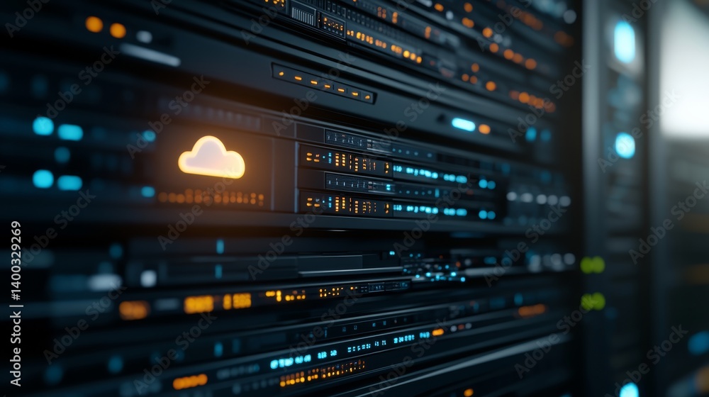 Leinwandbilder A cloud-shaped icon hovers over high-performance servers, radiating blue lights and surrounded by layers of binary digits, emphasizing advanced data processing