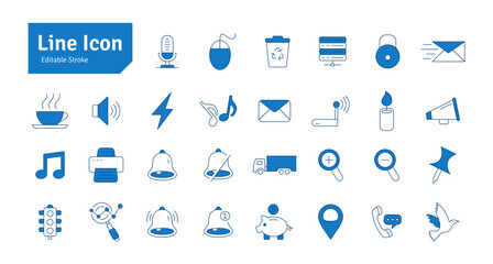 Coffee, Sound, Mouse, Server, Lock, Email, Printer, MUsic, Power, Deposit, Bird, Pin Line Icon Set. Editable Stroke Vector Illustration