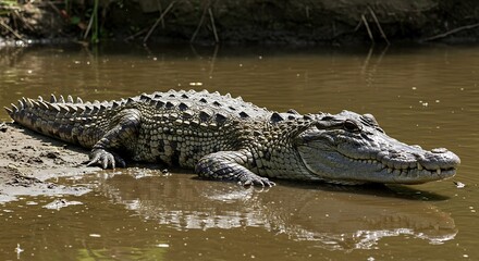 Fototapeta premium Spectacled Caiman Riverbank Majesty Riverbank Reptile Sunning Itself Wild Caiman In Its Natural Habitat Crocodile In Shallow Water Basking Powerful Caiman Majestic Posture AI Generated