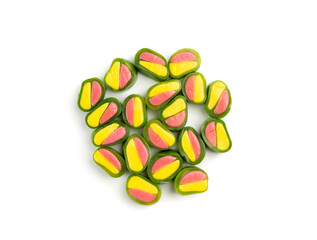 Round gummy candy piles set isolated. Small chewing colorful jellybeans, marmalade cuts, pills