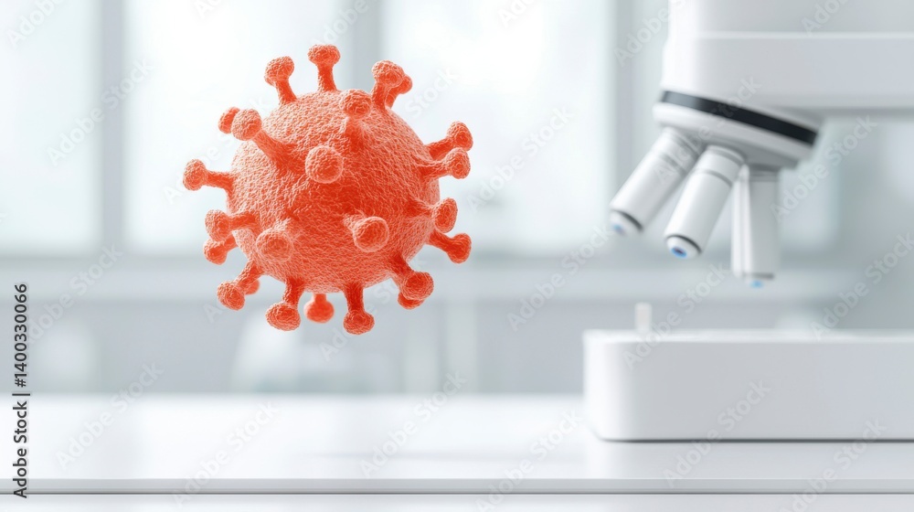 Poster vibrant virus model and microscope in laboratory setting