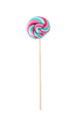 Color lollipop, spiral candy on stick, colorful striped lollypop, round fruit caramel, circle...