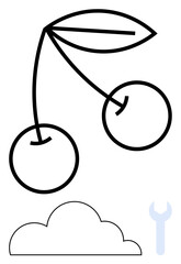 Simple cherry with leaf drawn in minimal lines above a cloud and wrench icon. Ideal for agriculture, technology, environment, repair, growth, innovation, simplicity. Flat simple metaphor