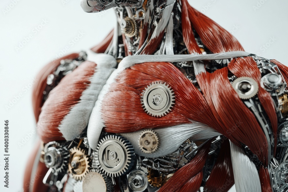 Poster muscles rendered as mechanical components display biomechanical concept with gears in intricate desi