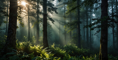 Fototapeta premium Sunlight Streaming Through Tall Forest Trees Illuminating Mist and Lush Ferns