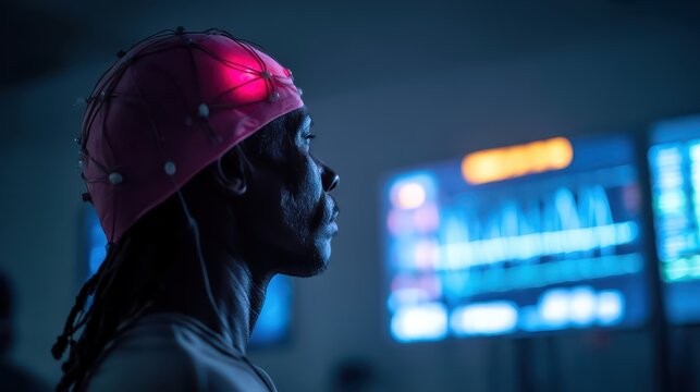 During a neurofeedback training session, a participant dons a specialized cap while immersed in dim lighting. Monitors display real-time brain activity metrics, enhancing focus