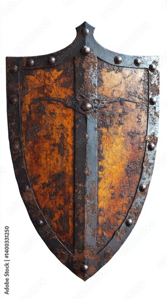 Poster majestic medieval shield showcasing weathered texture rusty surface and intricate design against a b