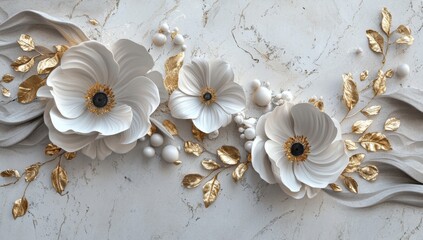 Elegant, 3D Floral Design with Gold Accents on Marble Background