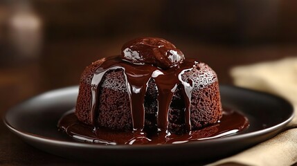 Chocolate lava cake with molten chocolate center, rich chocolate crust surrounding gooey filling