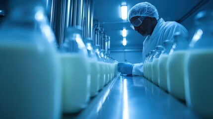 A technician in a white lab coat and hairnet inspects bottles of precision fermentation dairy alternatives in a well-lit production facility, showcasing modern food technology