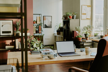 Spacious office with co-working zone equipped with desk, bookshelves and decorated with green plants in clay pots