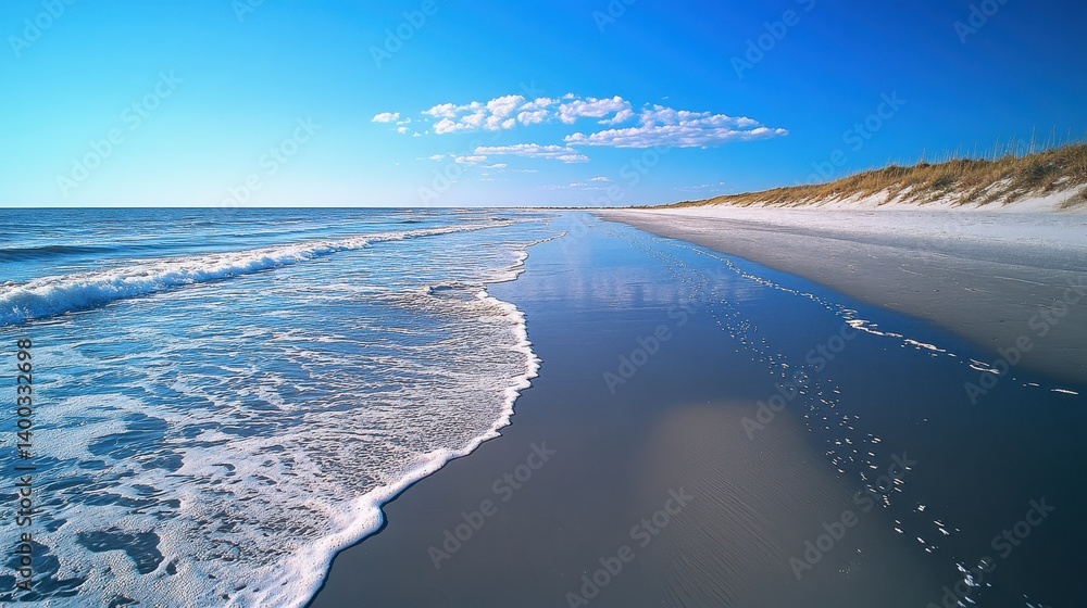 Poster scenic coastal view of golden cliffs meeting calm waves under a blue sky filled with clouds during a
