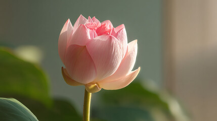 A close up shot of a pink lotus flower in bloom with green leaves and a soft blurred background
