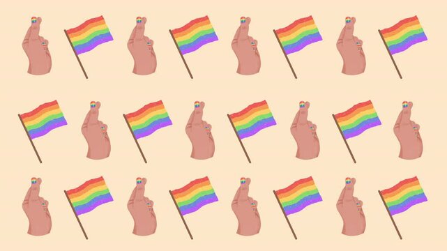 Pride pattern, celebrating lgbtq plus rights with mini flags and crossed fingers