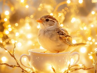 Adorable sparrow perched gracefully on a white teacup surrounded by a warm glow of festive lights creating a cozy and magical atmosphere